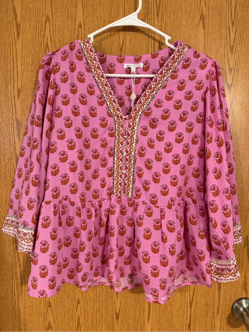 NWT Mary Square Pink Boho Block Print Peplum Tunic Top Size Small